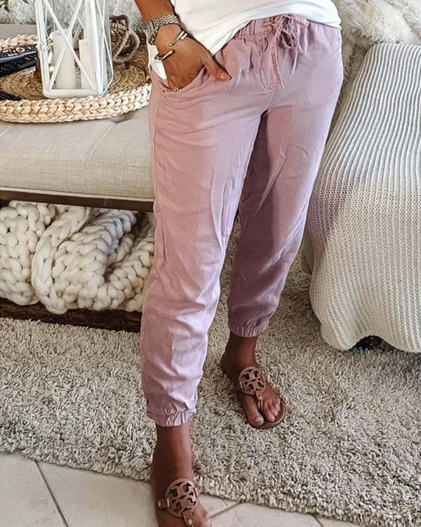 Pocket Casual Pants Solid Elastic Waist Leggings