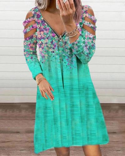 Casual Zipper Neck Hollow out Long Sleeve Floral Ombre Dress