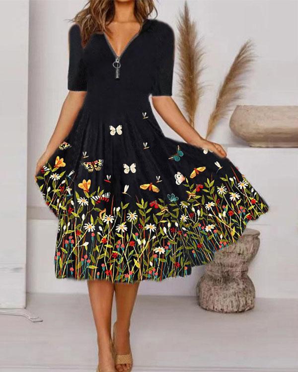Elegant Floral Tunic Zipper V-Neckline Midi A-line Dress