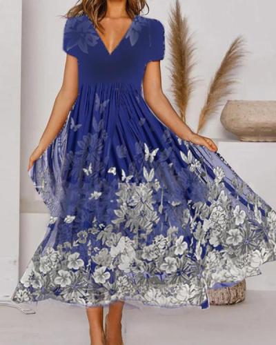 Elegant Floral V-Neckline Pleated Midi A-line Dress