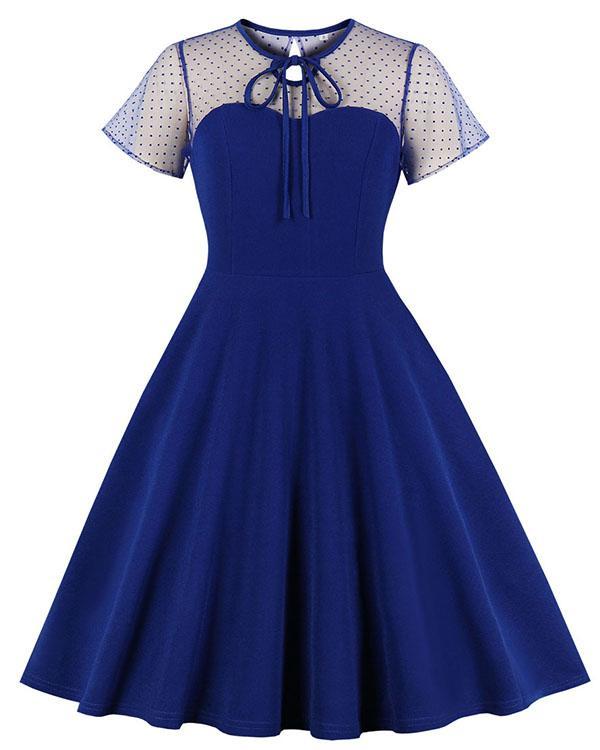Elegant Lace Stitching Short Sleeve Polka Dot Midi Dress