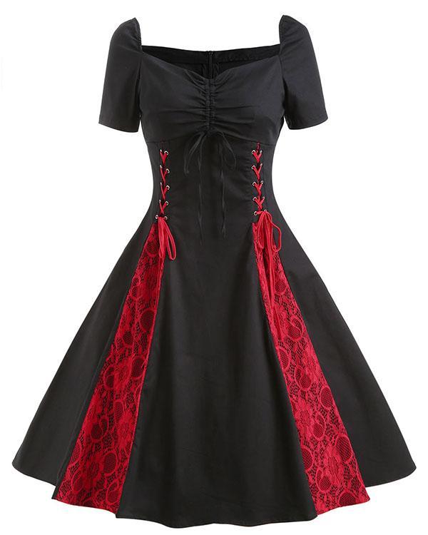 Vintage Gothic Contrast Pleated Dress Lace up Fit & Flare Dress