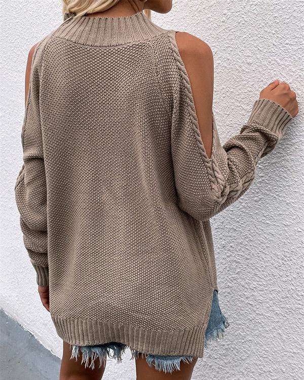 Women Crew Neck Open Shoulder Long-sleeve Knit Sweater