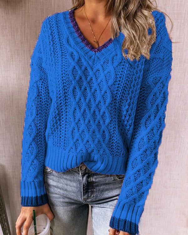 Women V Neck Vintage 70s Crochet Knit Sweater
