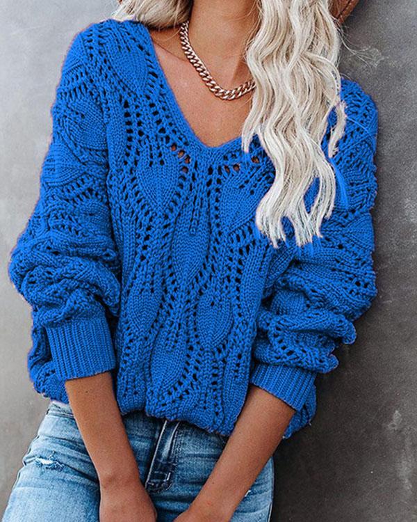 Women Solid V Neck Crochet Chunky Knit Sweater