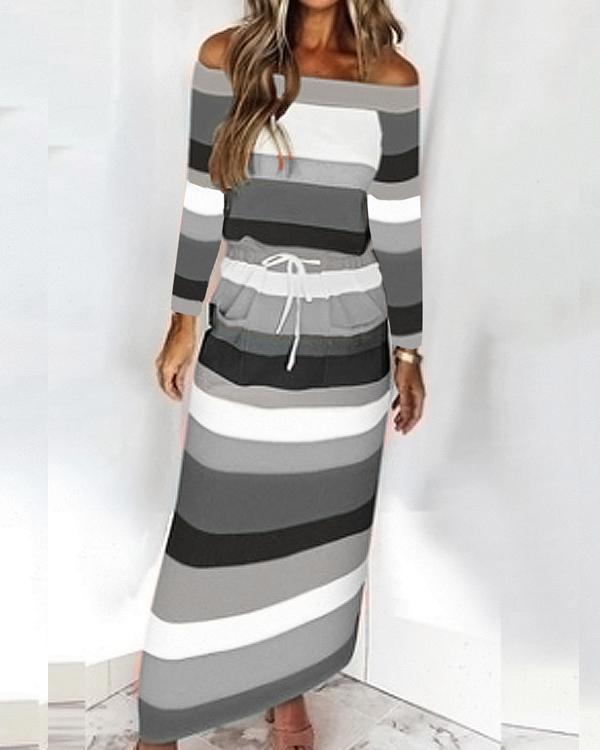 Women's Striped Drawstring One-Shoulder Long Sleeve Dress