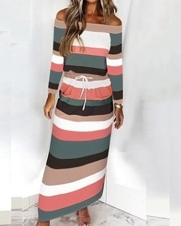 Women's Striped Drawstring One-Shoulder Long Sleeve Dress