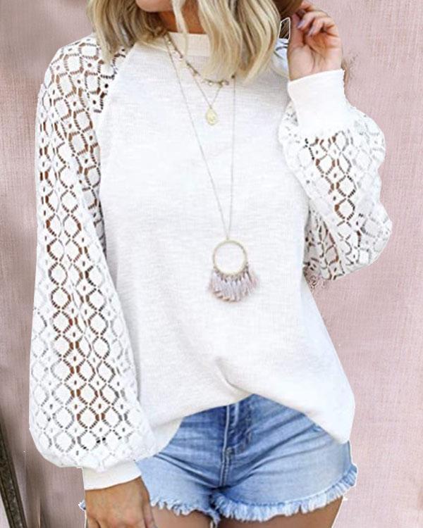 Women Round Neck Lace Stitching Long Sleeve Daily Tops