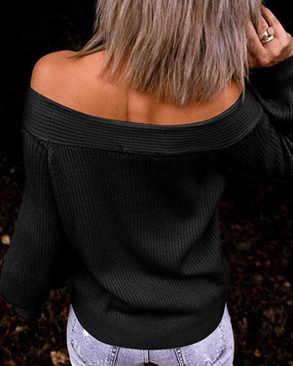 Casual Lantern-sleeve Off Shoulder Rib Knitting Sweater