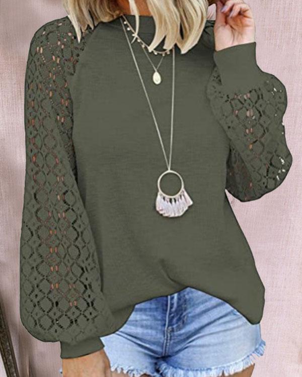 Women Round Neck Lace Stitching Long Sleeve Daily Tops