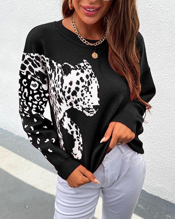 Big Leopard Head Print Pullover Sweater