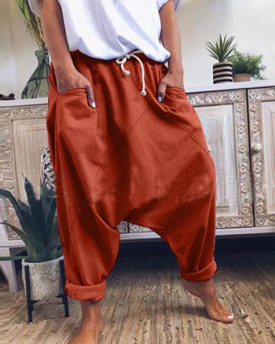 Fashion Cotton Solid Drawstring Waist Loose Pants with Pockets