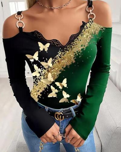 Sexy V-neck butterfly Print Off-Shoulder Strap Long-sleeved Top
