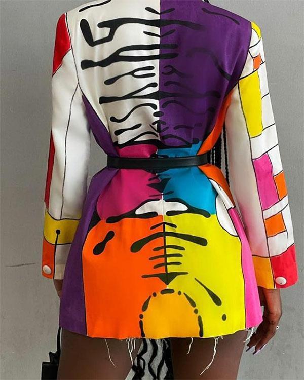 Women's Chic Long Blazers Colorful Print Coat