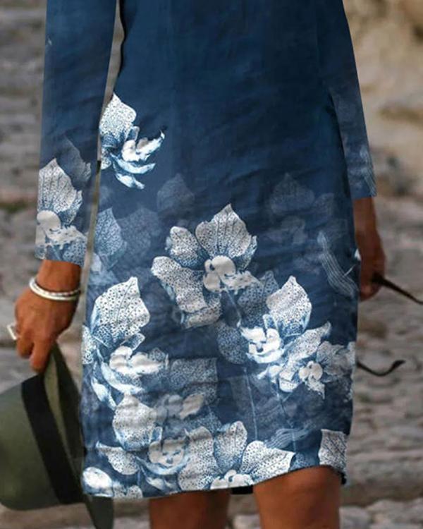 Floral Print V-Neckline Above Knee long sleeve Dress