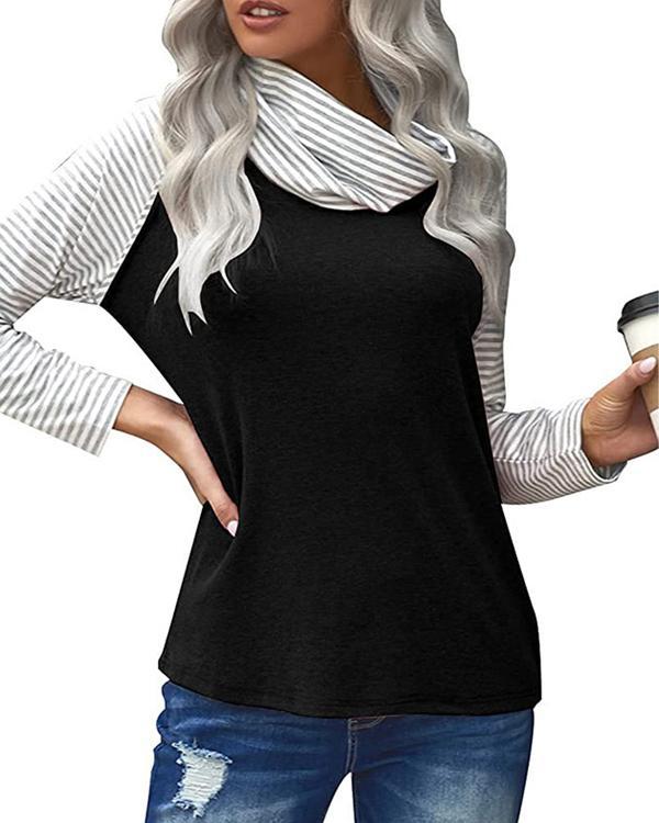 Color Block Striped High Neck Long Sleeves T-shirts
