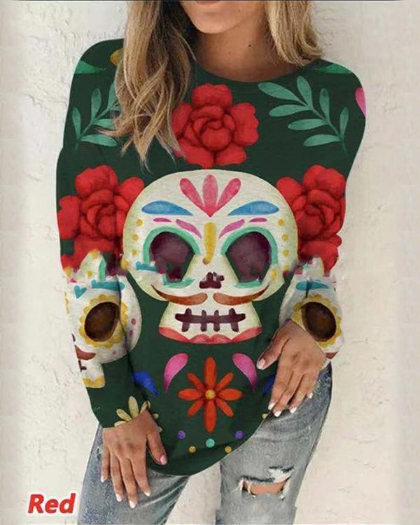 Halloween Skull Floral Print Fall Round Neck Casual Long Sleeve Tops