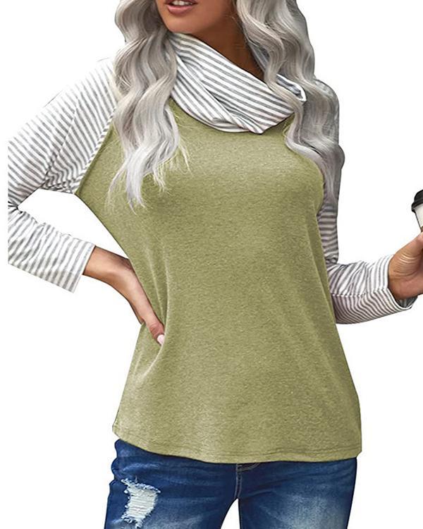 Color Block Striped High Neck Long Sleeves T-shirts