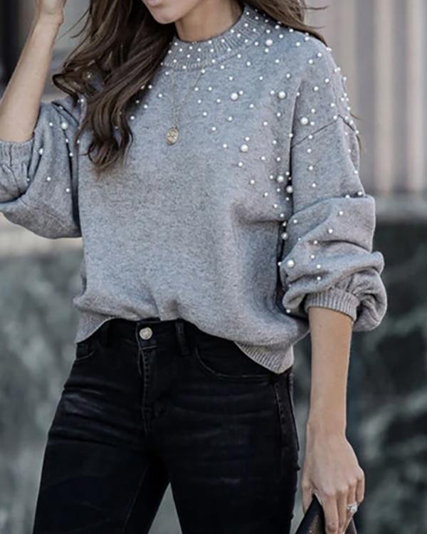 Nail Bead Casual Long Sleeve Pure Colour Sweater