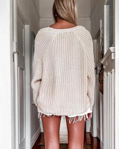 V-neck Long-sleeved Casual Knitted Sweater
