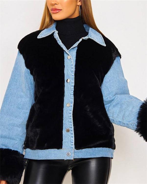 Plush denim stitching thermal jacket women's denim jacket