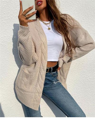 Mid-length knitted cardigan jacket with twist pockets