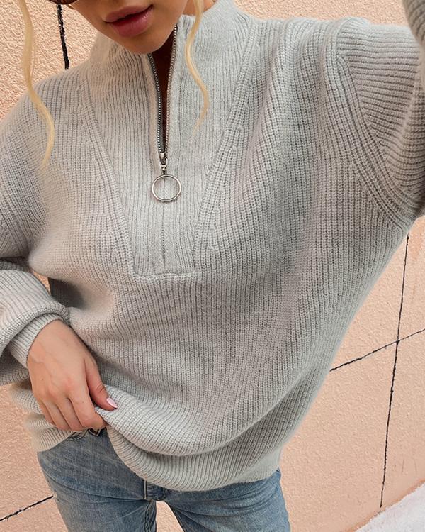 Zipper Knitted V-Neck Sweater Pullover