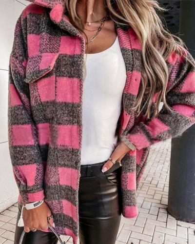 Women Lapel Long-sleeved Plaid Woolen Shirt Jacket