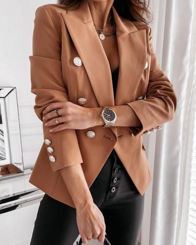 Double-Breasted Nine Points Sleeve Plain Notched Lapel Standard Women's Casual Blazer