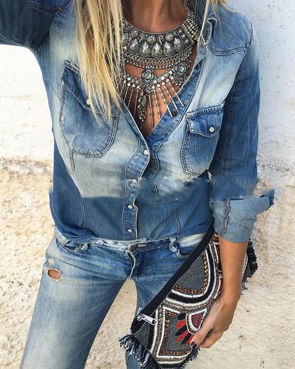 Ombre Washed Denim Distressed Denim Shirt with Pockets