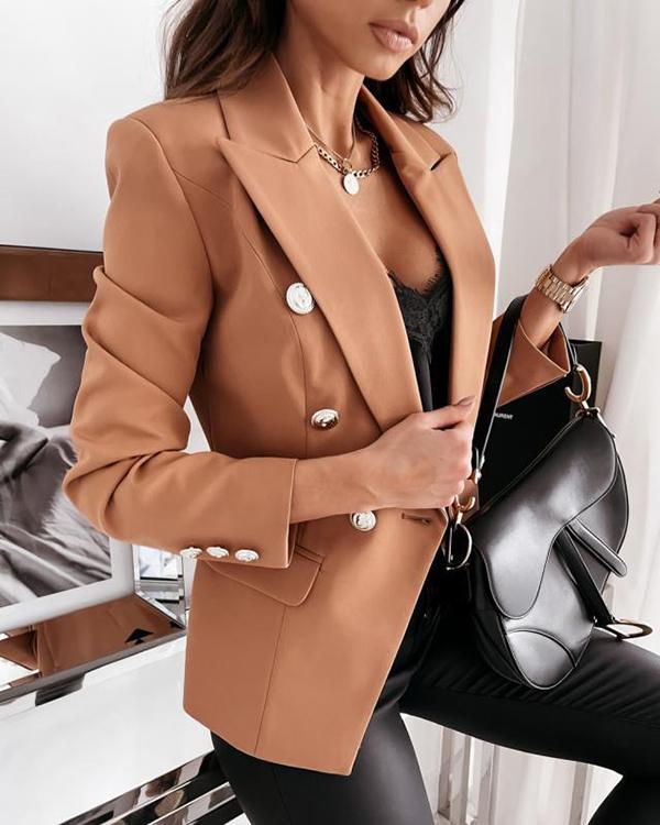 Double-Breasted Nine Points Sleeve Plain Notched Lapel Standard Women's Casual Blazer