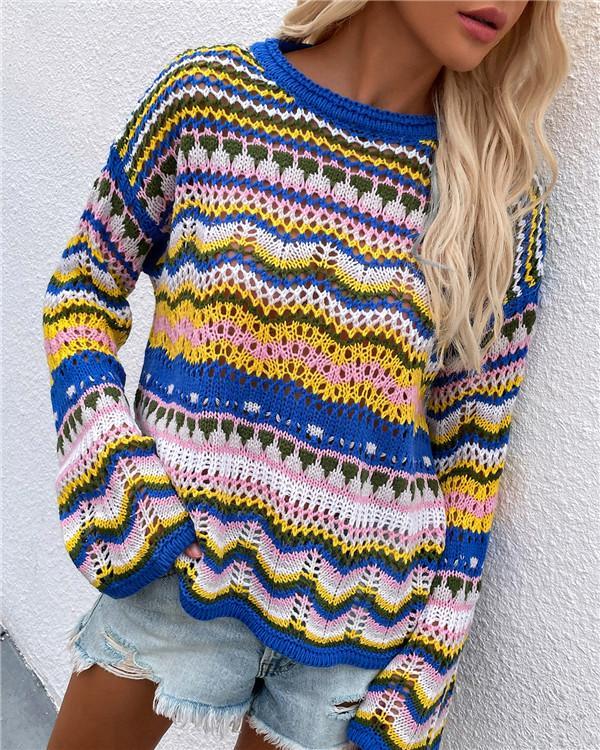 Patchwork sweater loose inter-color rainbow round neck striped sweater