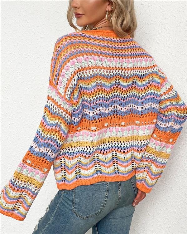 Patchwork sweater loose inter-color rainbow round neck striped sweater
