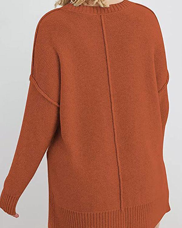 Round Neck Long Sleeve Side Slit Loose Sweater