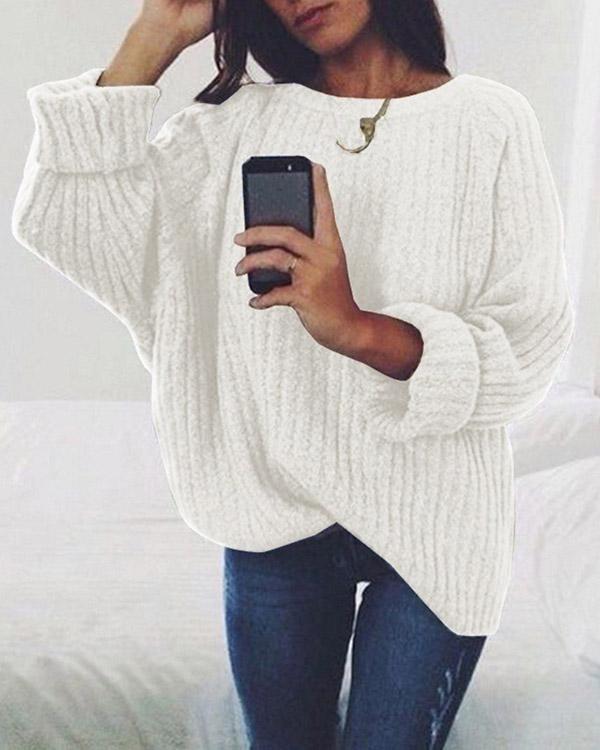 Fashion Solid Color Round Neck Knitted Sweater