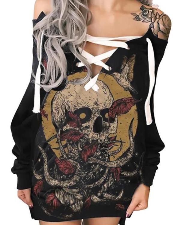 Halloween Off-The-Shoulder Printed Skull Casual Dress