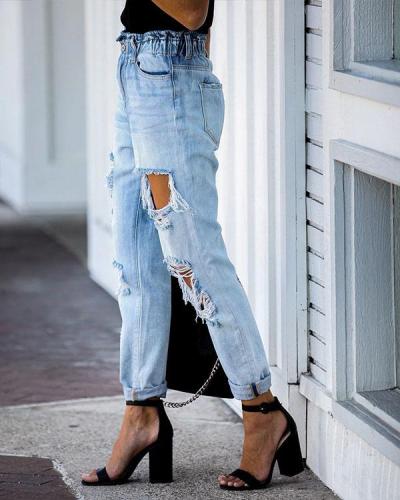 Ripped Washed Light Blue Denim Jeans