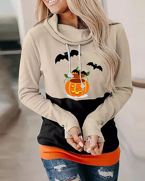 Halloween Bat Pumpkin High Neck Casual Long Sleeve Top