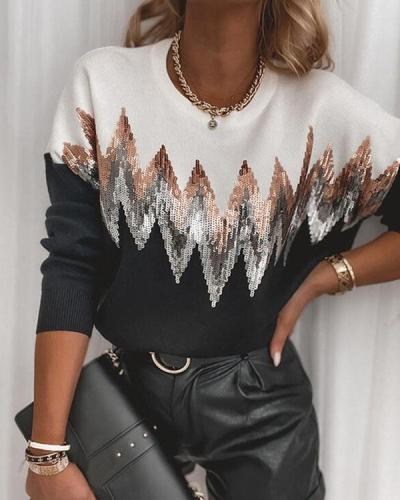 Plus Size Color Block Sequins Round Neck Casual Sweatshirt