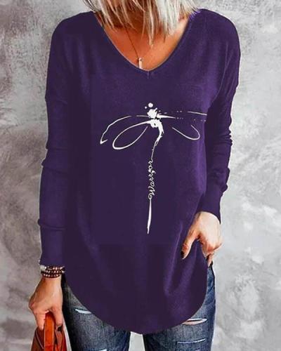 V Neck Irregular Dragonfly Print Long Sleeve Fall Shirt & Top
