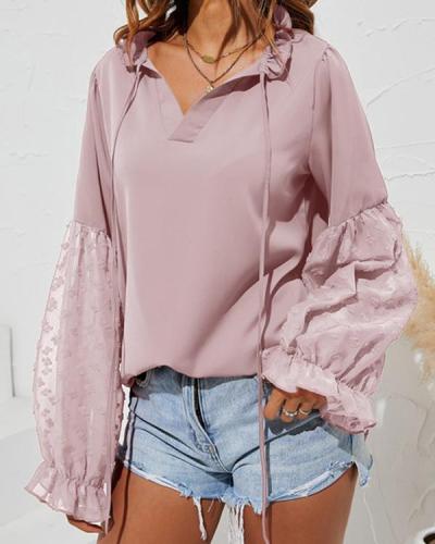 Solid V-Neck Long Sleeves Casual Blouses