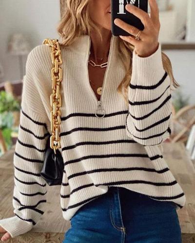 Stand Collar Stripe Long Sleeves Zipper Sweater