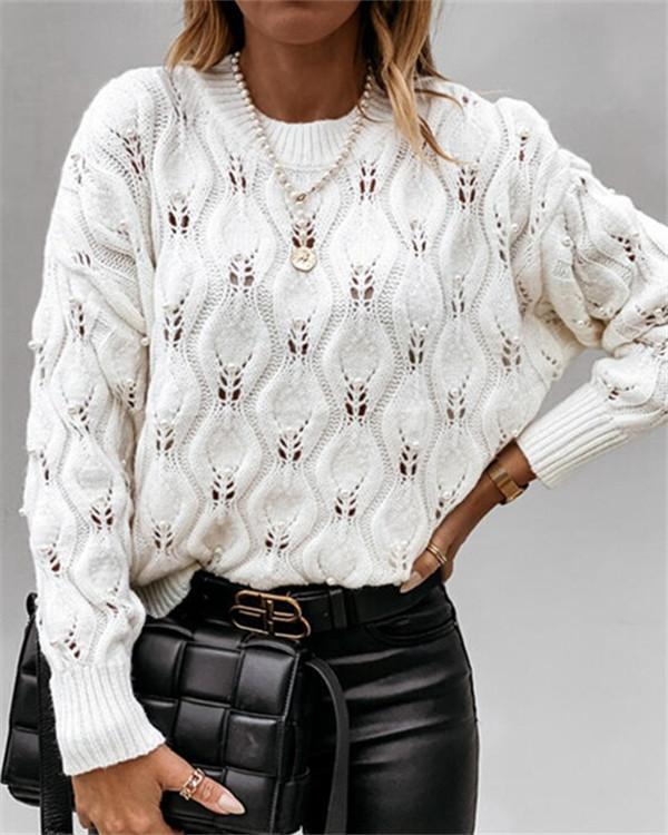 Pure Color Round Neck Bubble Bead Hollow Loose Knitted Sweater