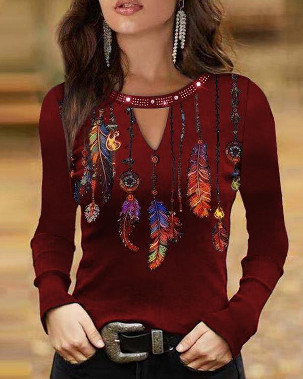 Feather Print Long-sleeved Tops