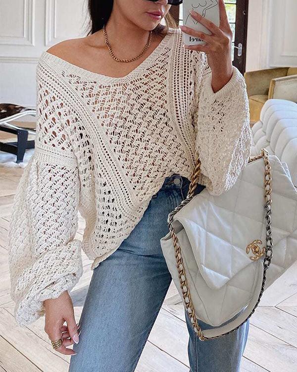 Sexy V-Neck Hollow Solid Color Loose Knit Sweater