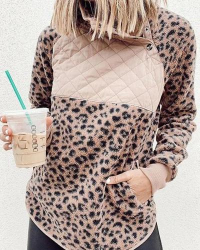 Women Button Long Sleeve Leopard Sweatshirt
