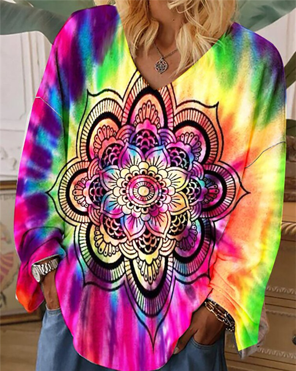 V-neck Printing Long-sleeved Painting Multicolor Loose-fitting Women's T-shirt