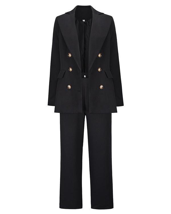 Women Solid Double Breasted 2 Piece Jacket Suit