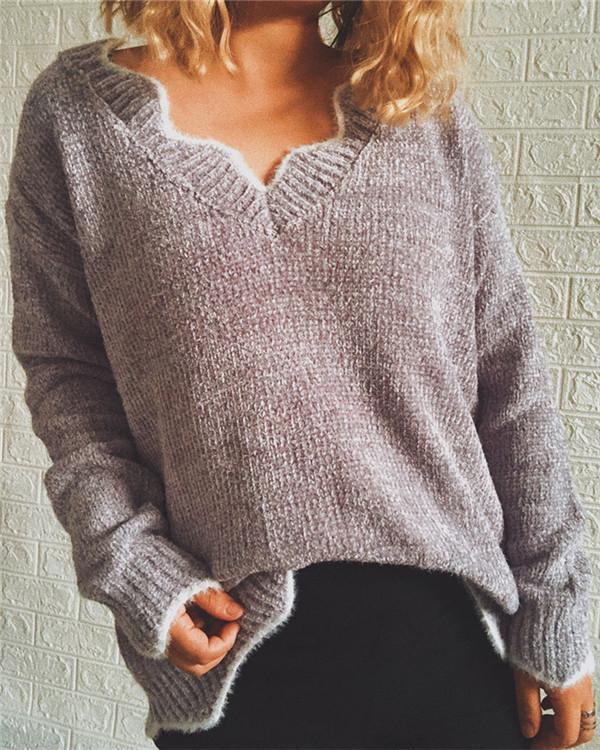 V-neck Long-sleeved Casual Solid Color Pullover