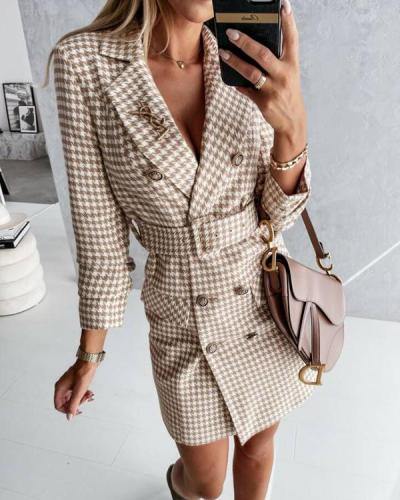 Plaid Woolen Double-breasted Slim-fit Lapel Coat Dress with Waistband